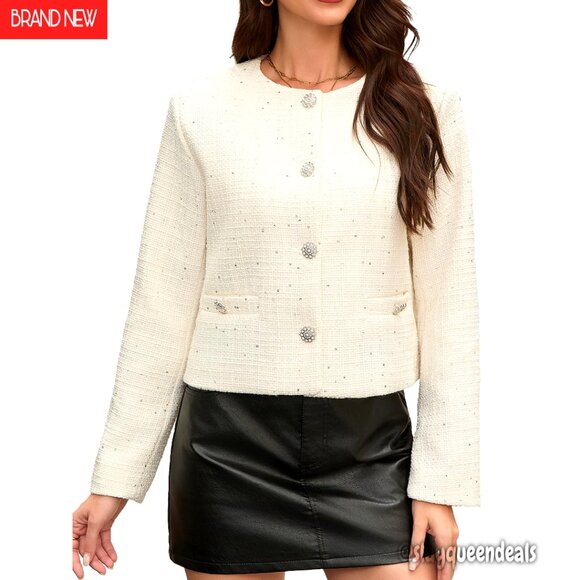 Cropped Tweed Blazer with Sparkle Tailored Fit Vintage Buttons Fully Lined